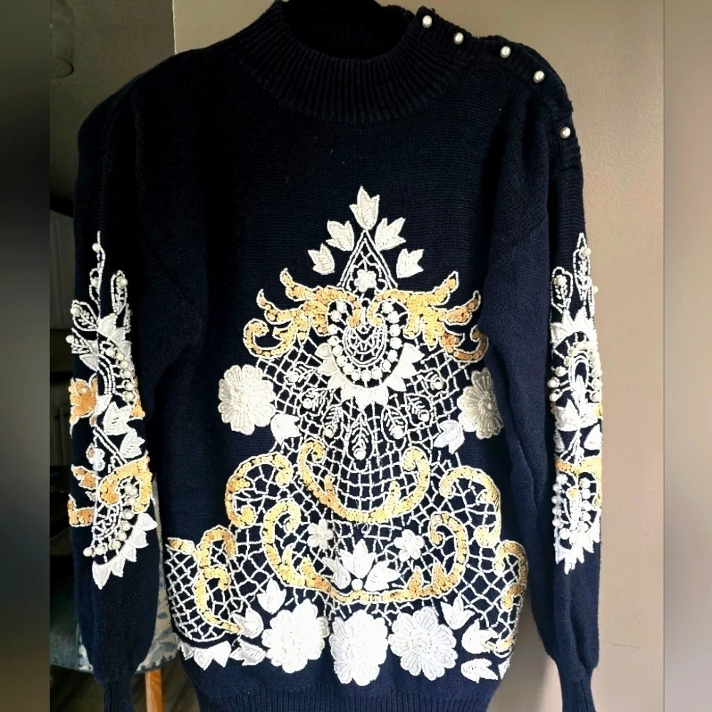 VINTAGE BONNIE BOERER | Beaded Sequin black sweater 80s Small - Picture 1 of 5